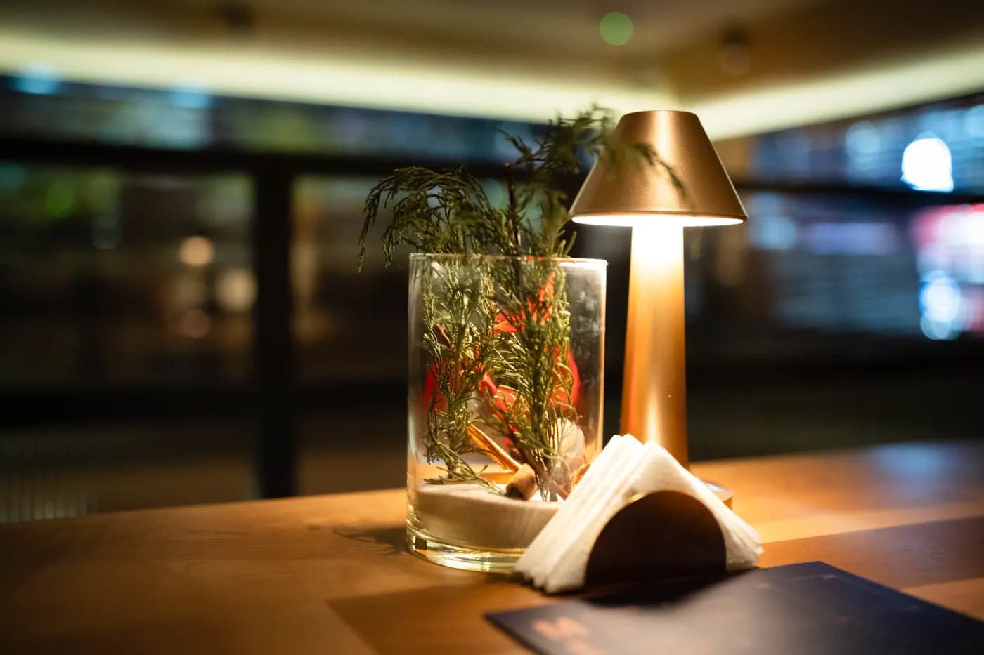 Wooden table and lamp