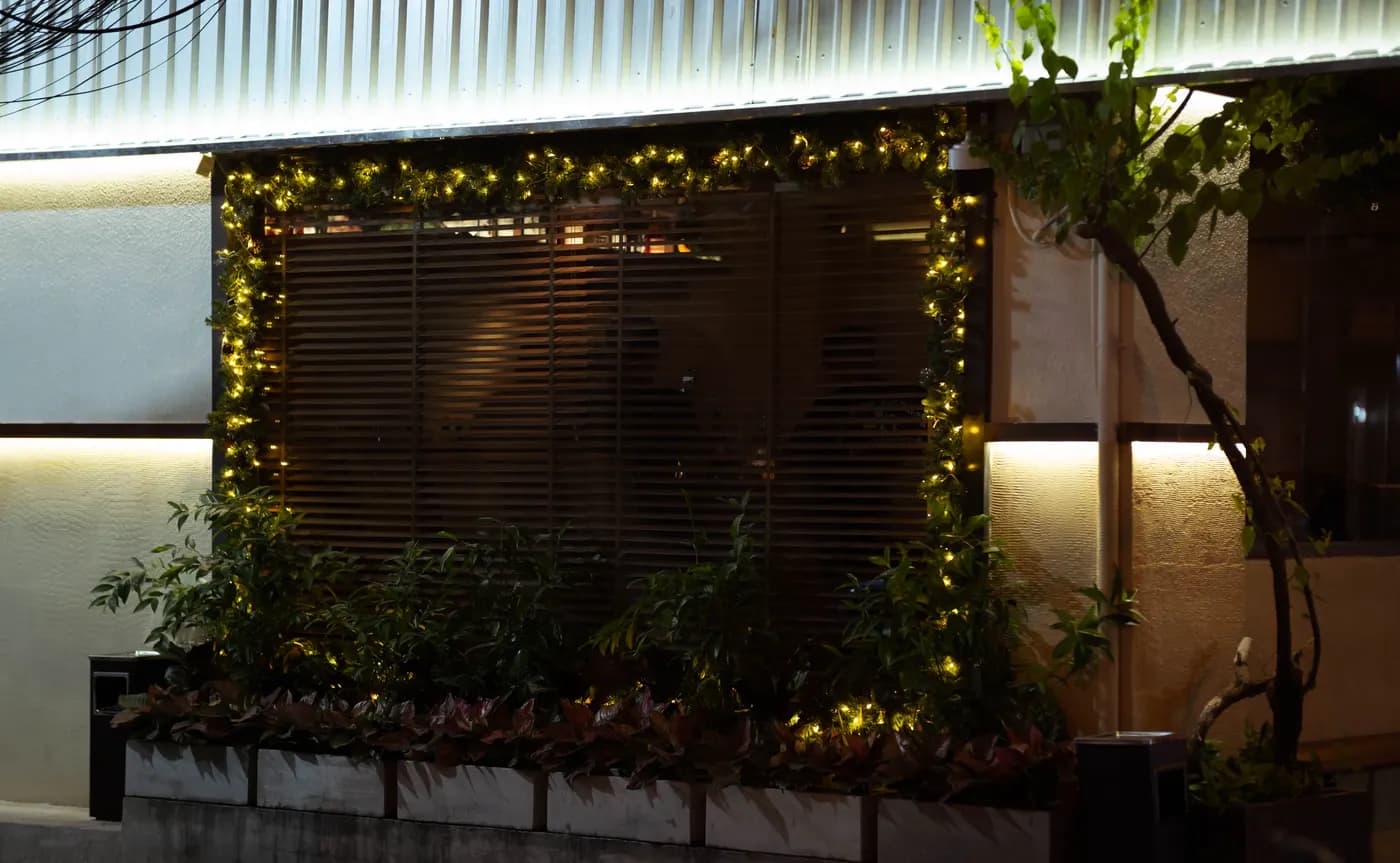 Window framed by greenery